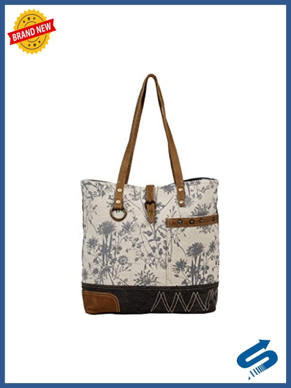 Canvas Floral Tote with Genuine Leather Accents - Upcycled Handbag